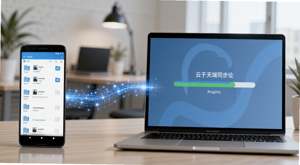 云于天多端文件同步功能展示,画面左侧是一部安卓手机,右侧是一台笔记本电脑,两者之间用发光的蓝色数据流连接,手机屏幕显示文件列表,电脑屏幕显示同步进度条,背景是柔和的办公室环境,突出跨设备无缝衔接的概念,适配Boogu模型生成
