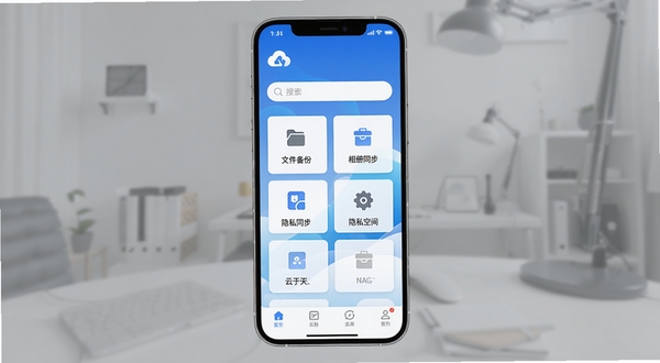 云于天软件主界面全貌展示,画面中央是手机屏幕显示云于天APP首页,蓝色渐变背景搭配白色卡片式布局,顶部有云朵图标和搜索框,中部排列文件备份、相册同步、隐私空间等功能入口,底部导航栏清晰可见,整体风格简洁科技感,适配Boogu模型生成