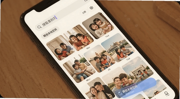 云于天智能相册备份界面,手机屏幕显示按月份分组的照片网格,顶部有搜索框输入关键词,下方有“释放本地空间”按钮,画面色调温暖,突出家庭照片和生活记录的氛围,适配Boogu模型生成