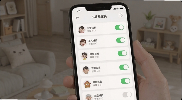 小睿看家设备分享与权限管理界面,手机屏幕显示家庭成员列表与权限开关,背景为浅色简洁UI设计,图标清晰,适配Boogu模型生成