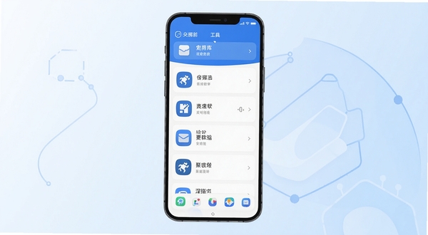 最先软件库 安卓应用聚合工具 手机主界面 应用列表 蓝白配色 干净整洁 居中构图 背景为浅色渐变 科技感 扁平化风格
