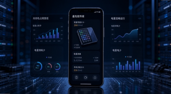 最先软件库 轻量运行 手机性能监控 内存占用低 电量消耗少 千元机流畅运行 科技感背景 数据可视化风格
