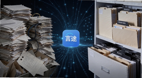 言途智能归档引擎工作场景,画面左侧为杂乱无章的文件堆,右侧为整齐排列的分类文件夹,中间由言途软件图标连接,背景为深色科技感数据流,突出智能识别与整理过程
