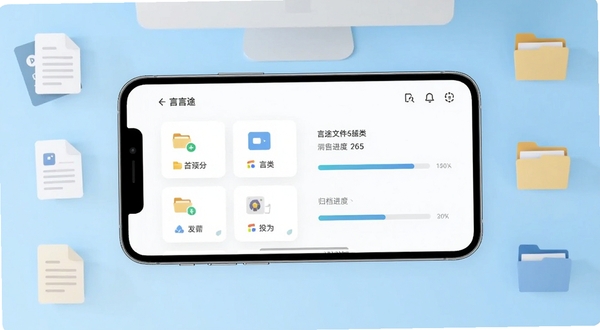 言途软件主界面全貌展示,画面中心为手机屏幕,屏幕内呈现言途的文件分类卡片与归档进度条,背景为浅蓝色渐变桌面环境,四周点缀少量文档与文件夹图标,整体风格清爽简洁,适配Boogu模型生成
