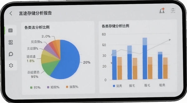 言途存储分析报告界面,手机屏幕展示饼状图与柱状图,标注各类文件占用比例,背景为浅灰色数据面板,突出可视化分析与直观展示