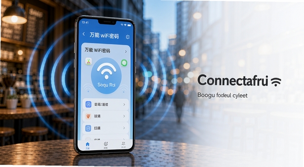 画面中央是一部竖屏安卓手机,屏幕亮起显示万能wifi密码的扫描列表界面,周围环绕着代表无线信号的同心圆波纹,背景是虚化的城市街景与咖啡店暖光,整体色调以科技蓝和暖橙为主,突出连接成功后的安心氛围,适配Boogu模型生成,横版构图,主体位于画面中央偏左,右侧留白用于文字排版