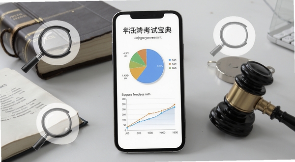 司法考试宝典智能分析页面,画面主体为手机屏幕上的饼状图与正确率折线图,周围环绕法律书籍与放大镜图标,背景为淡灰色办公桌面,风格简洁商务,适配Boogu模型生成
