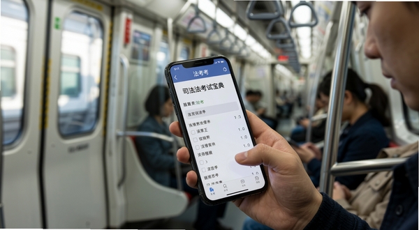 司法考试宝典离线刷题场景,画面展示地铁车厢内乘客手持手机做题,手机屏幕显示法考题目与选项,背景为虚化的车厢扶手与窗外光影,风格写实生活化,适配Boogu模型生成