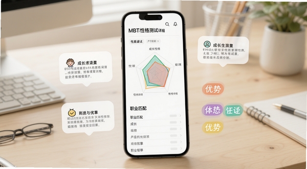 MBTI性格测试详细报告页面,手机屏幕显示性格雷达图与职业匹配列表,旁边漂浮着成长建议卡片和优势标签,背景为浅色办公桌面场景,光线柔和,适配Boogu模型生成