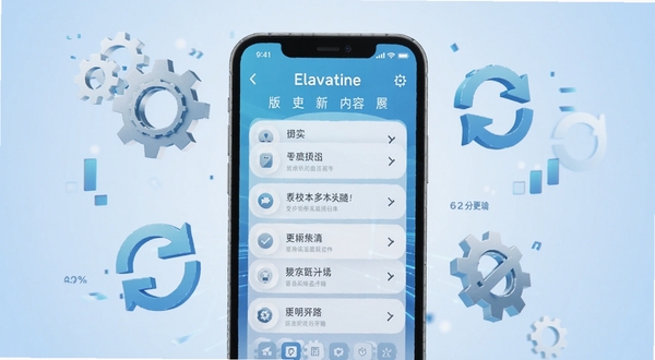 Elavatine 版本更新内容展示图,画面中央为手机屏幕显示更新日志列表,周围点缀齿轮和刷新图标,背景为淡蓝色渐变,风格简洁科技感,适合作为版本更新说明配图