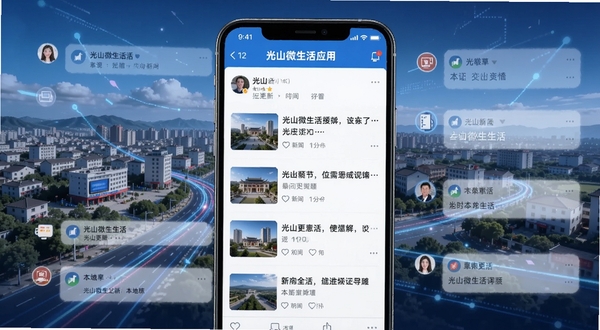 光山微生活应用内的本地资讯页面截图,画面主体为手机屏幕显示光山新闻列表,背景区域为光山县城全景与信息流融合的科技感插画,突出实时更新与本地化特色