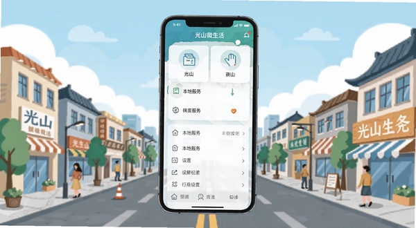 光山微生活移动端操作界面示意图,画面展示手机屏幕中应用的功能菜单与设置选项,背景区域为光山县城街道与手机融合的扁平化插画风格,突出操作指引与本地服务场景