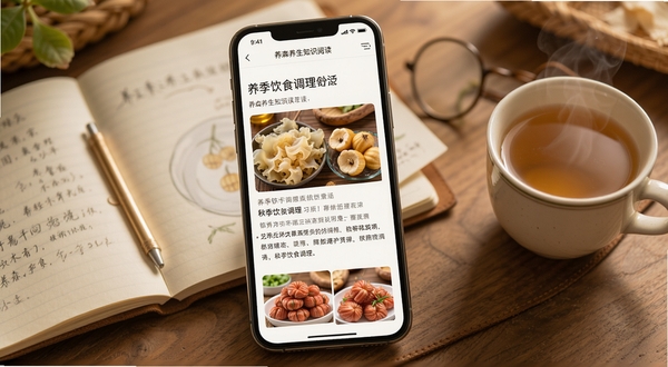 ��ɭ����֪ʶ�Ķ�ҳ�棬�ֻ���Ļ��ʾһƪ�����＾��ʳ������ͼ�����£���ͼ���������ٺϵ�ʳ�ģ�������ľ�������һ�������ıʼǱ����Ա���һ���Ȳ裬�����Χ��ů����