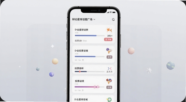 ����������㳡ҳ�棬�ֻ���Ļչʾ��Ƭʽ�����б���ÿ�ſ�Ƭ����ͶƱ����������������ǩ������Ϊǳ��ɫ���䣬����λ�ڻ������ģ���������죬�ʺ�Booguģ������
