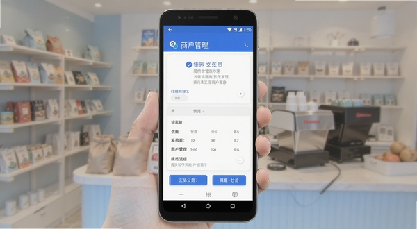 简易会员 安卓手机界面 商户管理 主色调蓝白 居中构图 背景为模糊店铺场景