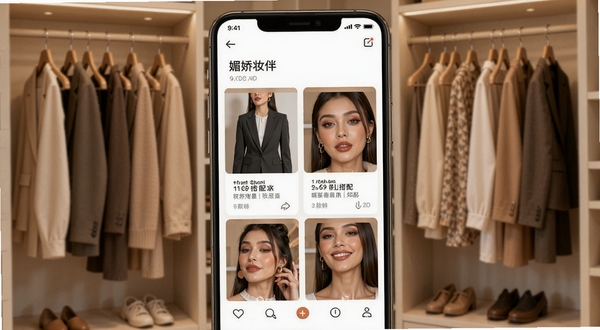媚娇妆造软件展示场景化穿搭推荐页面,手机屏幕中呈现职场套装与妆容搭配的图文卡片,背景为简约衣帽间场景,衣架上挂着不同风格的服饰,色调温暖自然