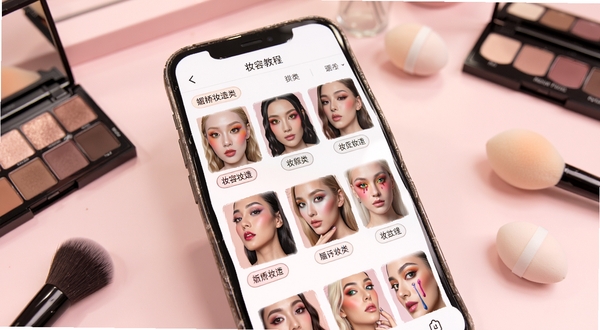 媚娇妆造软件中的妆容教程分类页面,手机屏幕显示多个妆容风格缩略图与分类标签,背景为浅粉色化妆台桌面,散落眼影盘与美妆蛋,整体光线明亮柔和