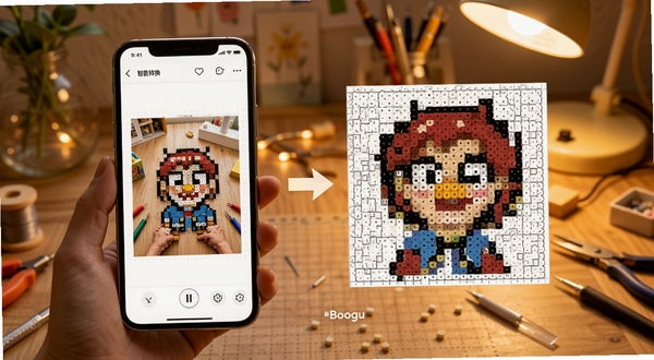 拼豆DIY图纸生成器 智能转换功能展示图,画面主体为手机屏幕中一张照片正被转换成像素拼豆图纸,背景为柔和的暖色调工作台,细节清晰,适配Boogu模型生成