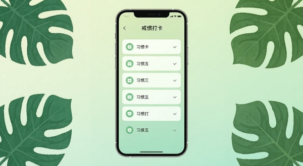戒条 应用主界面 手机屏幕中央展示习惯打卡列表 背景是柔和的浅绿色渐变 四周有植物叶片装饰 整体风格清新简洁 扁平化设计 高清晰度