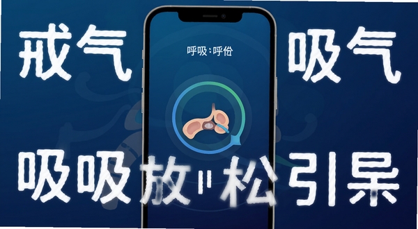 戒条 呼吸放松引导界面 手机屏幕中央有圆形呼吸动画 周围有文字提示吸气呼气 背景为深蓝色渐变 营造宁静氛围 扁平化设计 高清晰度