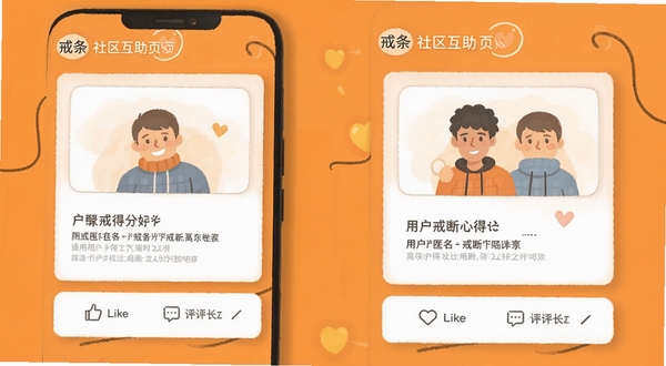 戒条 社区互助页面 手机屏幕显示用户匿名分享的戒断心得卡片 有点赞和评论按钮 背景为暖橙色 温馨友好 扁平化设计