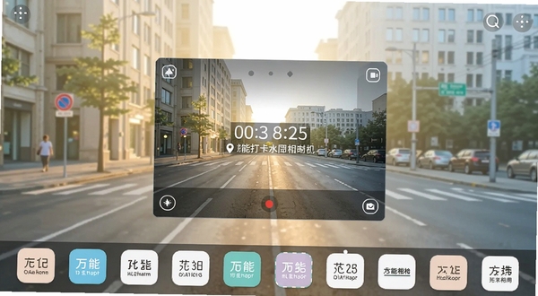 万能打卡水印相机应用主界面全景展示,画面中央是相机取景框,背景是城市清晨街道,取景框内叠加了时间日期地点水印信息,界面底部排列着多种水印模板图标,整体色调明亮清新,适配Boogu模型生成