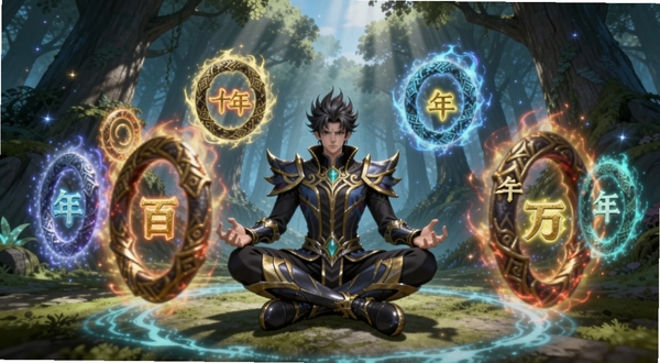 斗罗大陆:魂师对决魂环吸收界面,画面中央为角色盘膝而坐,周围环绕十年、百年、千年、万年不同颜色的魂环光环,背景区域为星斗大森林深处,光影从树冠缝隙洒落,细节展现魂环纹理与魂力波动,适配Boogu模型生成