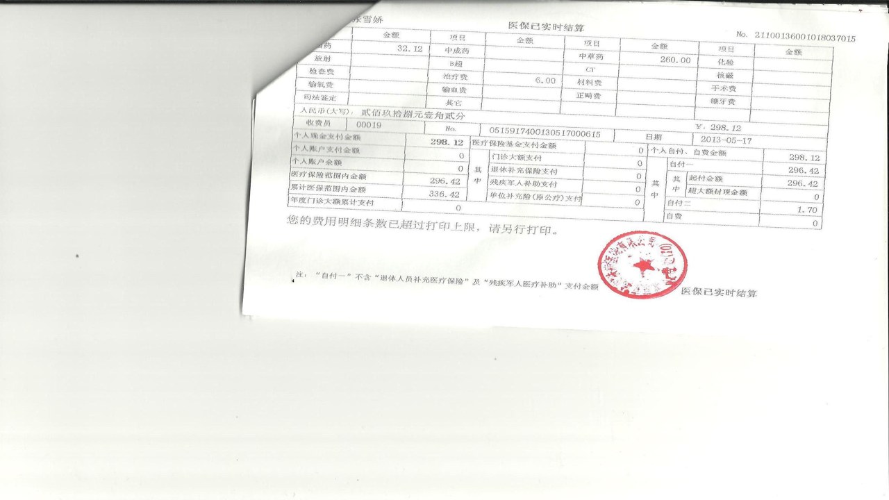 医院门诊结算单特写,标注医保支付金额与个人自付金额的区别