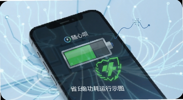 随心呗在手机后台低功耗运行的示意图,画面展示手机电池图标与绿色节能标识,背景为淡蓝色科技感光效,突出省电特性