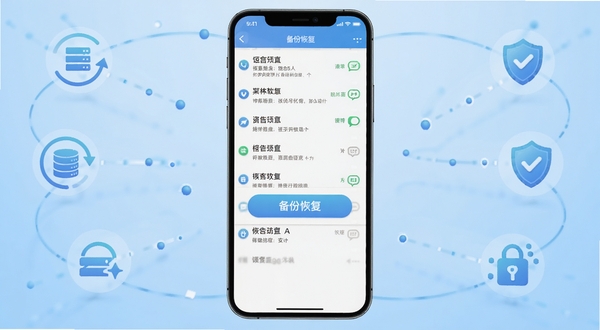 手机短信备份恢复查 软件主界面展示,手机屏幕中央显示短信列表与备份恢复功能按钮,背景为浅蓝色渐变,四周环绕数据同步图标与盾牌安全标识,整体风格简洁科技感,Boogu模型生成