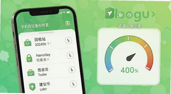 手机短信备份恢复查 回收站与低资源占用示意图,手机屏幕显示回收站列表与内存占用仪表盘,背景为绿色清新风格,突出轻量与安全,Boogu模型生成
