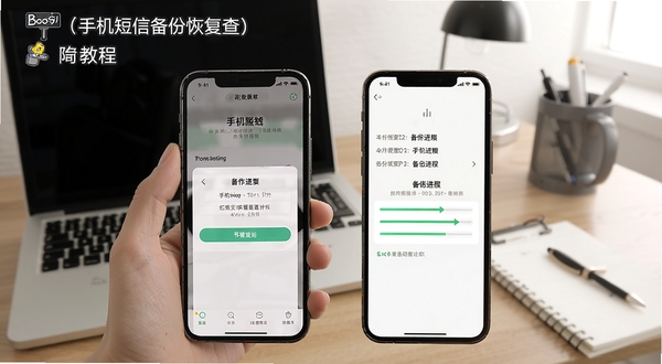 手机短信备份恢复查 使用教程示意图,手机屏幕显示权限设置界面与备份进度,背景为办公桌场景,画面清晰展示操作步骤,Boogu模型生成