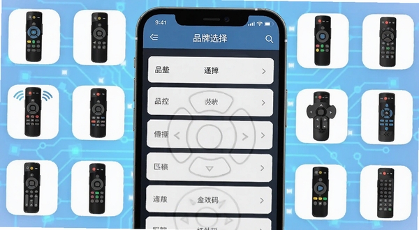 通用遥控万能连红外码库匹配界面,画面主体为手机屏幕显示品牌选择列表,周围环绕着各种家电遥控器图标,背景为淡蓝色科技光效,细节清晰,风格扁平化设计