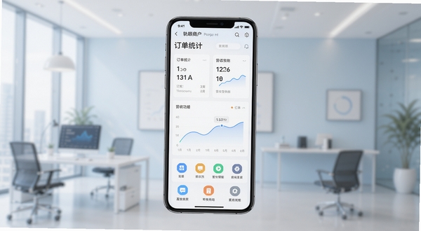 轨眼商户管理软件主界面全貌展示,画面中央为手机屏幕中呈现的商户管理仪表盘,包含订单统计、营收曲线与功能图标,背景为简洁的浅色渐变商务场景,整体风格清爽专业,适配Boogu模型生成