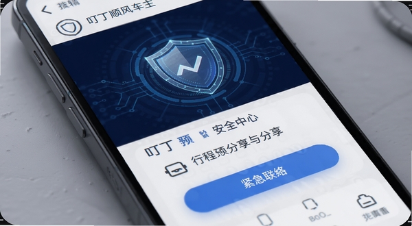 叮丁顺风车主 安全中心界面 手机屏幕显示行程分享与紧急联络按钮 背景为深蓝色科技感安全盾牌图标 适配Boogu模型生成 高清细节