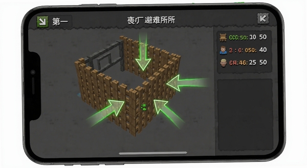 丧尸避难所新手引导界面截图风格,画面展示手机屏幕中正在放置第一座木制围墙,周围有高亮提示箭头和资源消耗数字,背景是简洁的深灰色UI面板,整体清晰易读