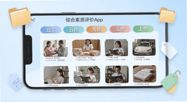 综合素质评价App中写实记录页面的手机界面截图风格,屏幕显示五大维度分类标签与已上传的材料缩略图,背景为浅蓝色渐变,点缀有文件夹与标签元素,画面干净整洁。