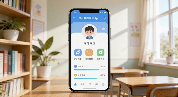 画面中心为一部智能手机,屏幕显示综合素质评价App的首页界面,包含学生头像、评价维度图标与进度条;背景为明亮的教室场景,左侧有书架与绿植,右侧有柔和光线透入,整体风格清新简洁,适配Boogu模型生成。