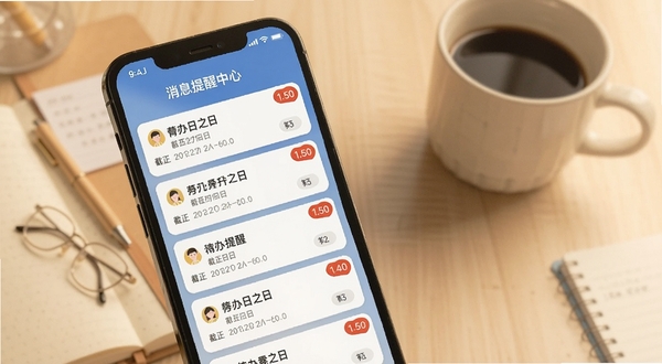 综合素质评价App消息提醒中心界面,手机屏幕显示多条待办提醒卡片,包含截止日期与红色角标,背景为柔和暖色调,桌面有笔记本与咖啡杯,营造学习规划氛围。