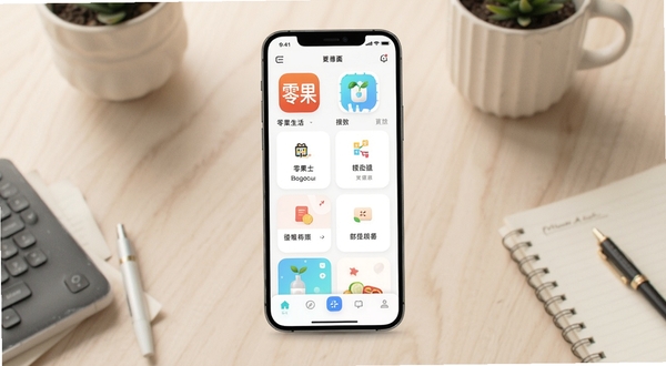 零果生活APP主界面全貌展示,手机屏幕居中放置,背景为浅色生活场景桌面,画面包含应用图标、功能卡片和底部导航栏,整体风格清新简洁,适配Boogu模型生成