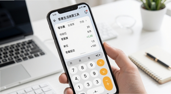 零果生活换算工具界面展示,手机屏幕中显示单位换算面板和计算器键盘,背景为简洁办公桌面,画面明亮清晰