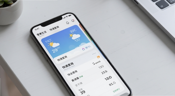 零果生活生活查询功能界面展示,手机屏幕中显示天气卡片和快递查询结果,背景为简约浅灰桌面,画面细节清晰,整体色调柔和