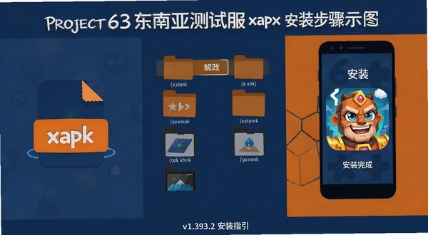 Project63�����ǲ��Է�xapk��װ����ʾ��ͼ�������Ϊ�������������ʾxapk�ļ�ͼ�꣬�м��ǽ�ѹ����ļ��нṹ���Ҳ����ֻ���װ��ɺ����Ϸͼ�꣬������ñ�ƽ���廭�����ɫ������������Ϊ�����ײ���һ��С�ֱ�עv1.393.2��װָ��