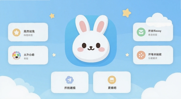 哒兔应用主界面预览图,画面中央是圆润可爱的兔子图标与简洁功能卡片,背景为浅蓝色渐变,周围点缀星星与云朵,风格清新扁平化