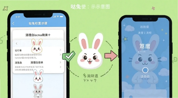 哒兔使用教程示意图,手机屏幕显示权限设置步骤与清理白名单界面,兔子图标旁有对勾与箭头指引,背景为浅绿色,扁平插画风格