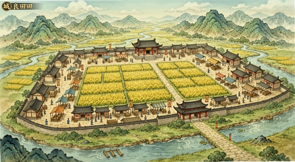 这城有良田游戏主界面全景,古代城池俯瞰视角,中央是连片金色稻田,四周分布着民居、市集与县衙,远处青山环绕,近处河流穿城而过,画面采用工笔淡彩风格,色调温暖明亮,细节丰富