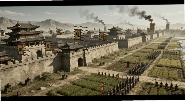 这城有良田联盟争霸场景,多座古代城池在地图上对峙,城墙上旗帜飘扬,城外有农田与军队列阵,天空有烽火台烟雾,画面气势恢宏,古风战争氛围浓厚