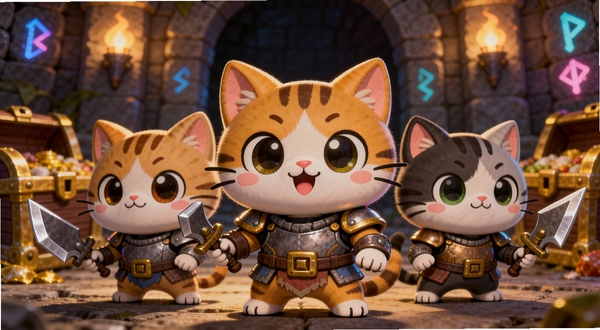 A cute group of cartoon cats wearing tiny armor and holding small weapons, standing in a fantasy dungeon entrance, warm lighting, colorful game art style, centered composition with background showing treasure chests and glowing runes, Meow Fury: Idle Cat Legends theme