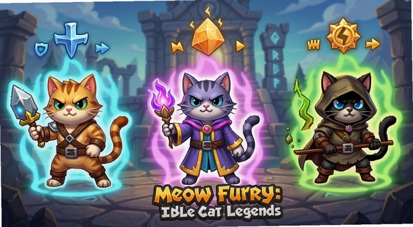Multiple cartoon cats evolving into stronger forms with glowing auras, each cat representing a different class like warrior mage and rogue, fantasy background with level-up symbols, Meow Fury: Idle Cat Legends style, vibrant colors