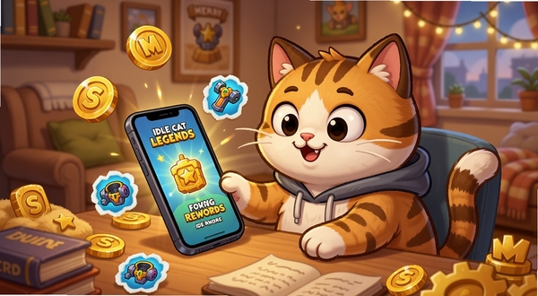 A cartoon cat sitting at a desk with a smartphone showing idle game rewards, surrounded by floating gold coins and equipment icons, cozy room background, Meow Fury: Idle Cat Legends theme, warm and inviting atmosphere